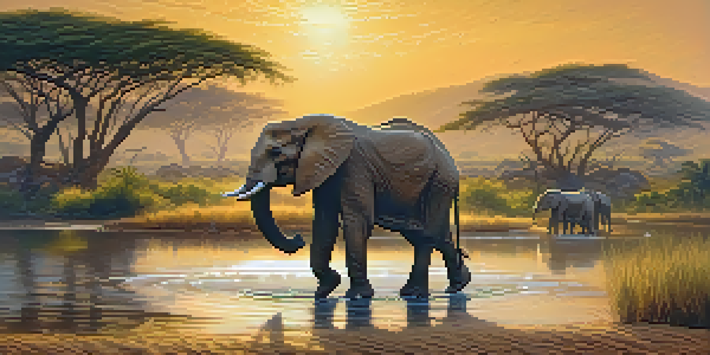 A vibrant summer scene in Kruger National Park featuring an African elephant near a watering hole, surrounded by lush greenery and a clear sky.