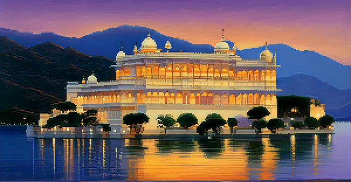 The Taj Lake Palace in Udaipur, beautifully lit at sunset, surrounded by calm waters and a colorful sky.