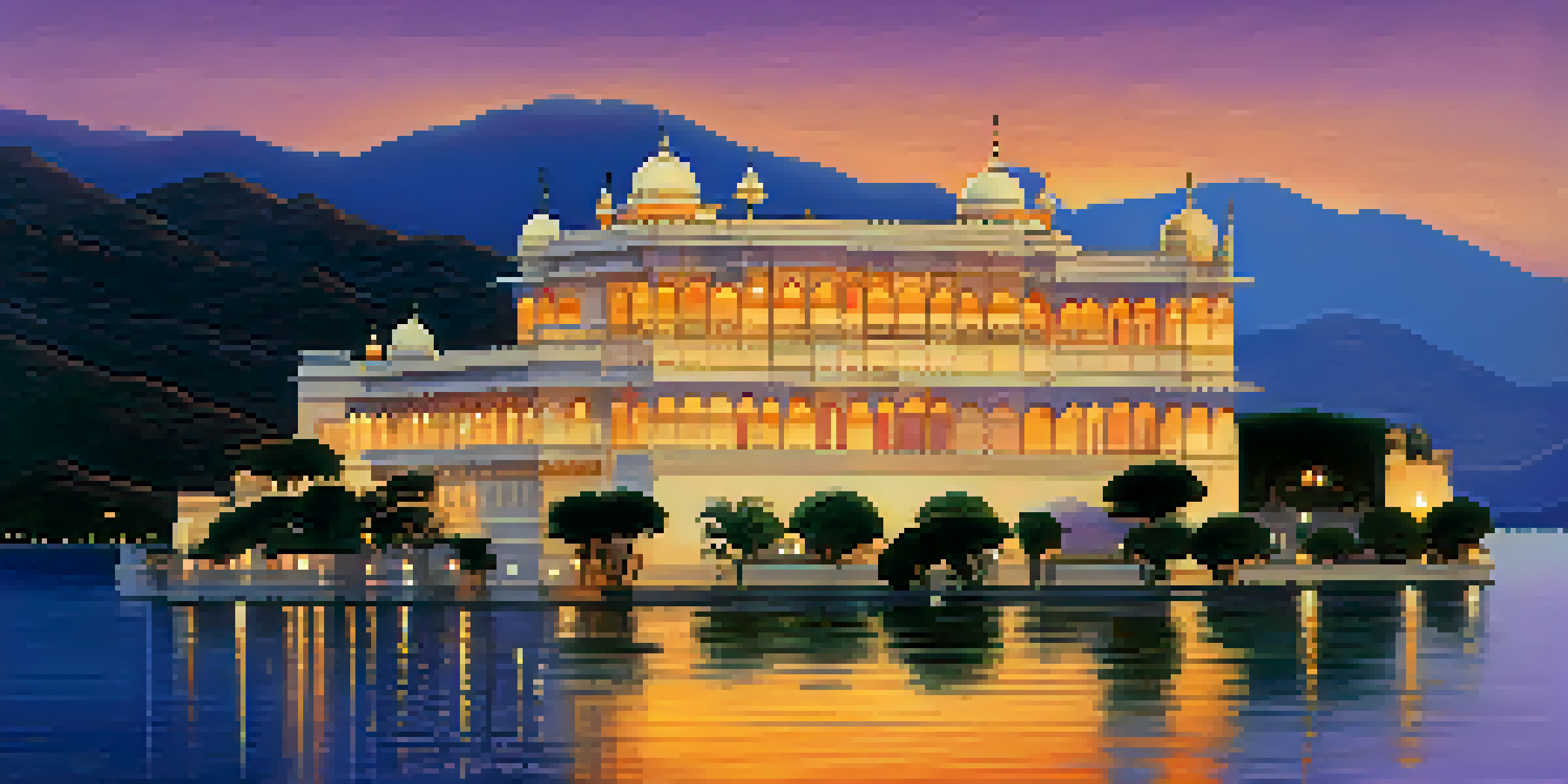 The Taj Lake Palace in Udaipur, beautifully lit at sunset, surrounded by calm waters and a colorful sky.