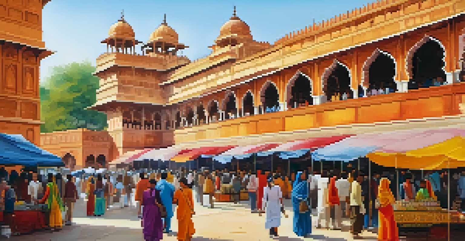 A vibrant market outside the Jaipur City Palace, with stalls of handicrafts and a crowd of people.
