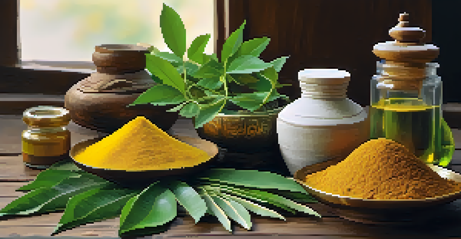 A close-up display of Siddha herbs, including neem leaves and turmeric roots, arranged on a wooden table, under natural light that highlights their textures.