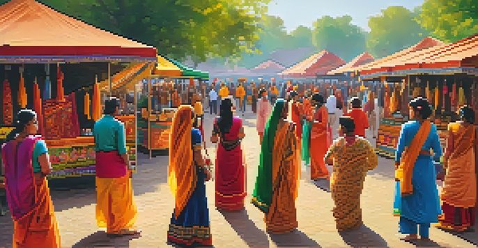 A lively crafts fair with colorful stalls, artisans at work, and visitors enjoying folk performances under the sunlight.