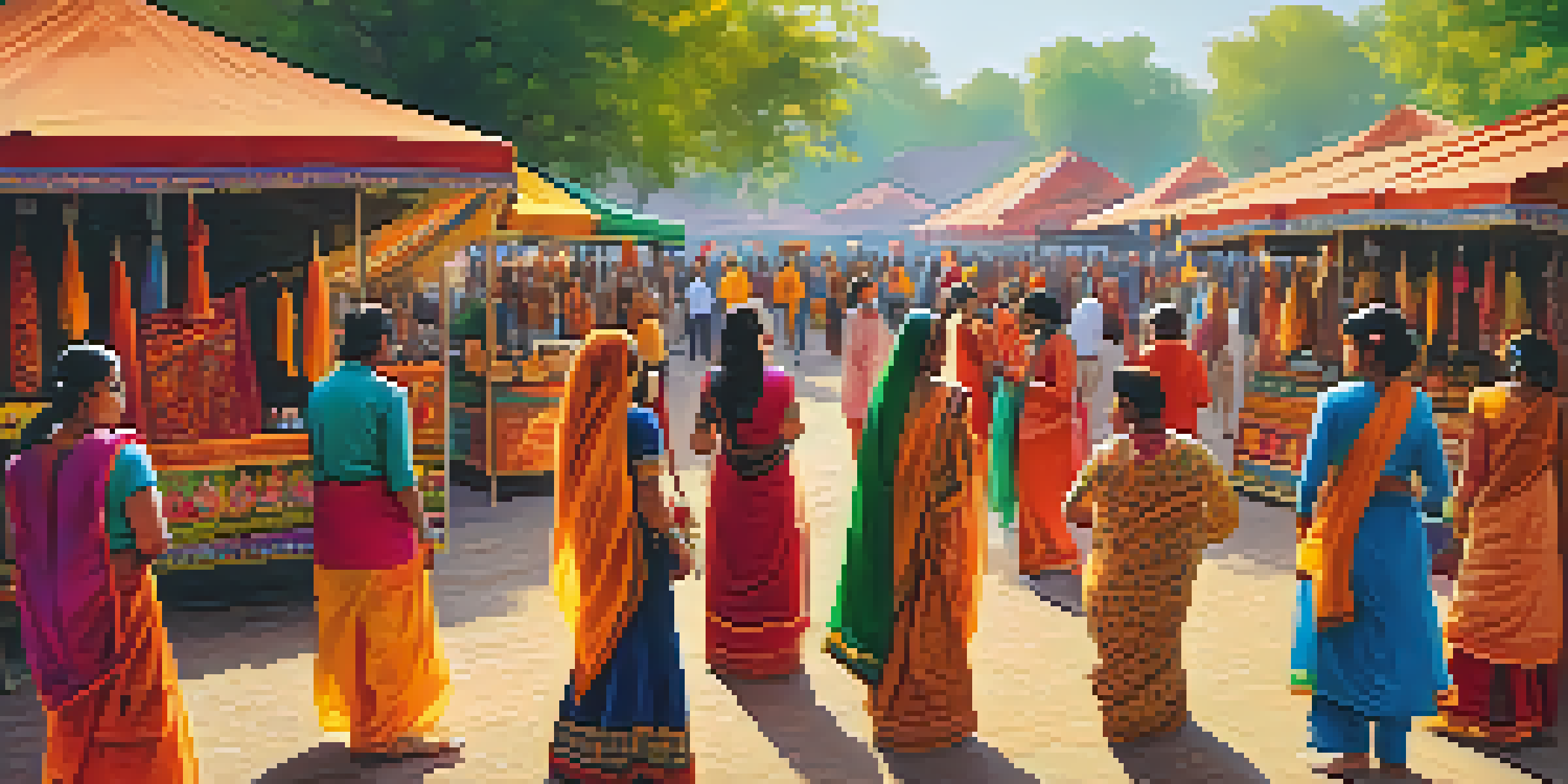 A lively crafts fair with colorful stalls, artisans at work, and visitors enjoying folk performances under the sunlight.