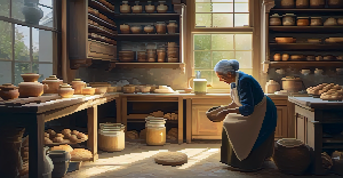 An elderly woman kneading dough in a rustic kitchen filled with natural light, showcasing a warm and nostalgic atmosphere.