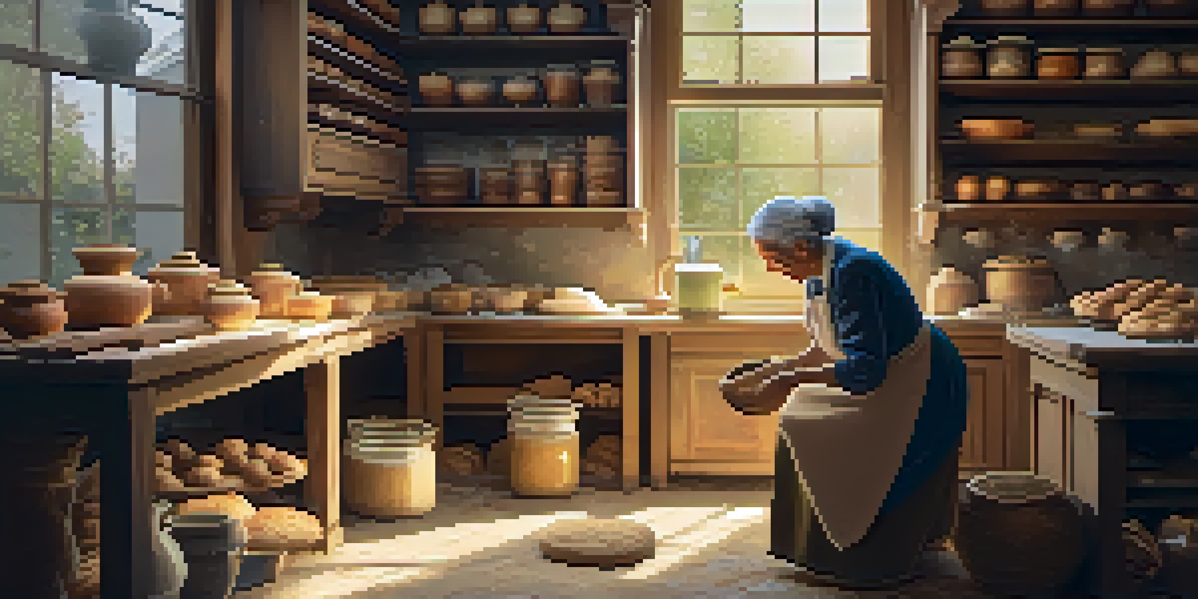 An elderly woman kneading dough in a rustic kitchen filled with natural light, showcasing a warm and nostalgic atmosphere.