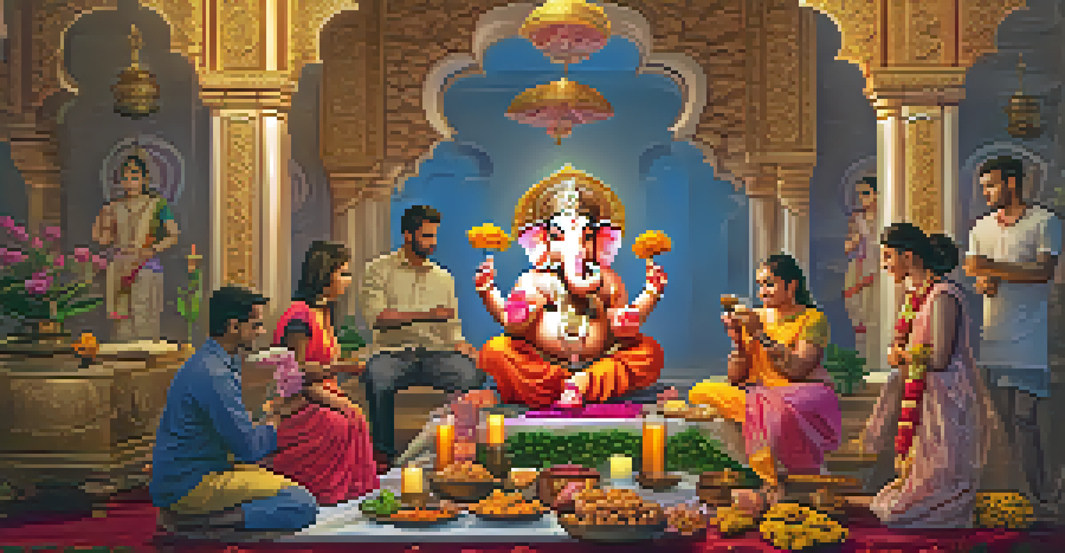 A family gathered around a decorated Ganesh idol at home, with offerings and warm lighting creating a festive atmosphere.