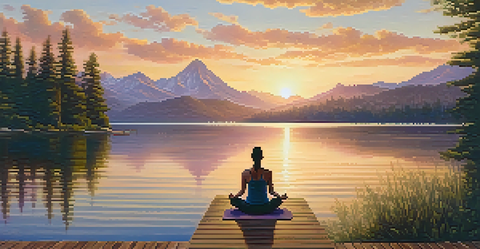 A person practicing yoga on a wooden dock by a tranquil lake at sunset, surrounded by green trees and mountains.