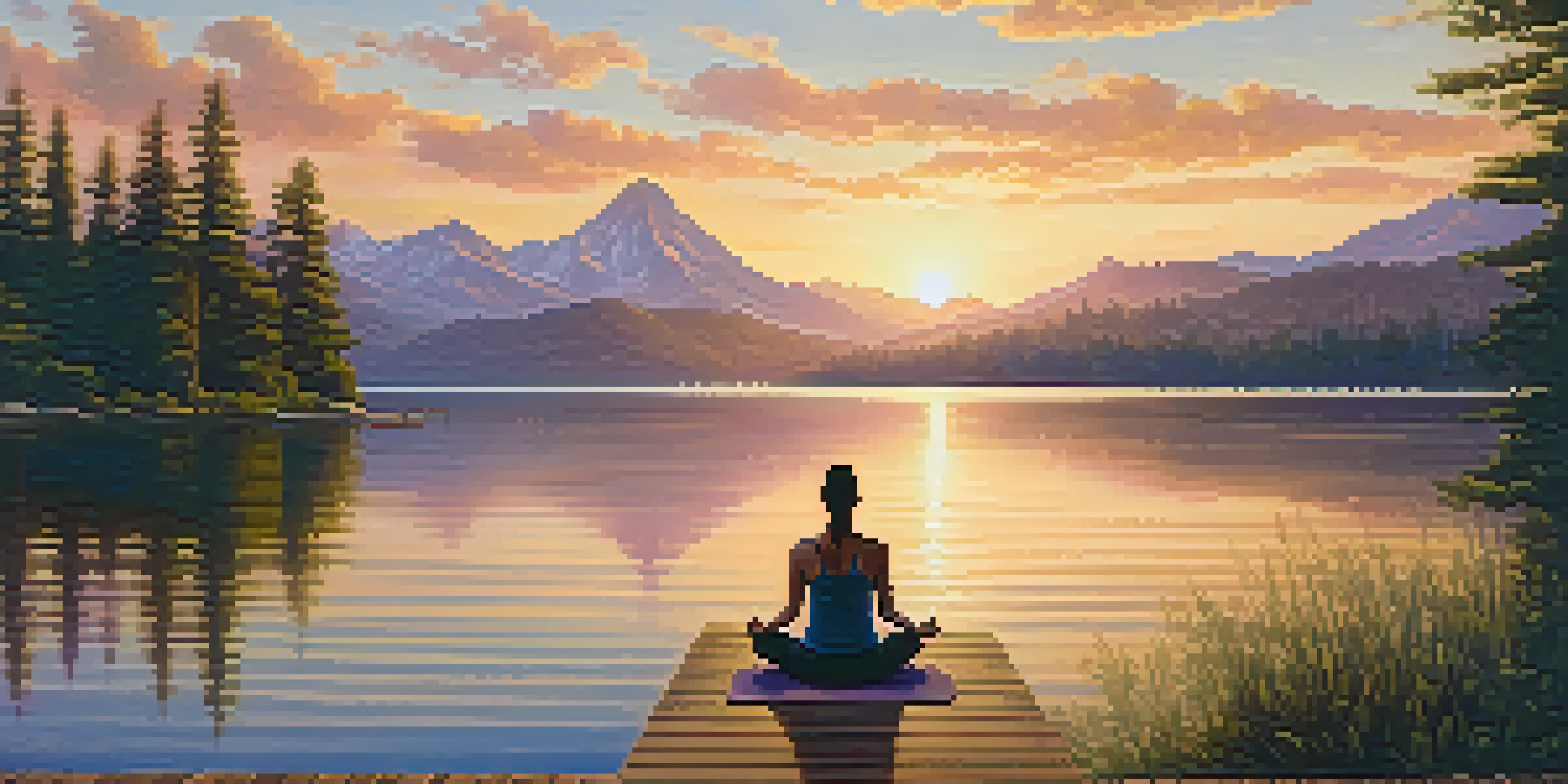 A person practicing yoga on a wooden dock by a tranquil lake at sunset, surrounded by green trees and mountains.