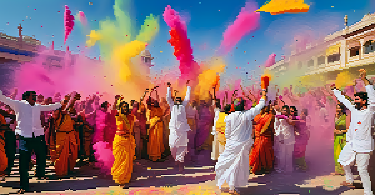 People celebrating Holi by throwing colorful powders in the air, creating a vibrant atmosphere.