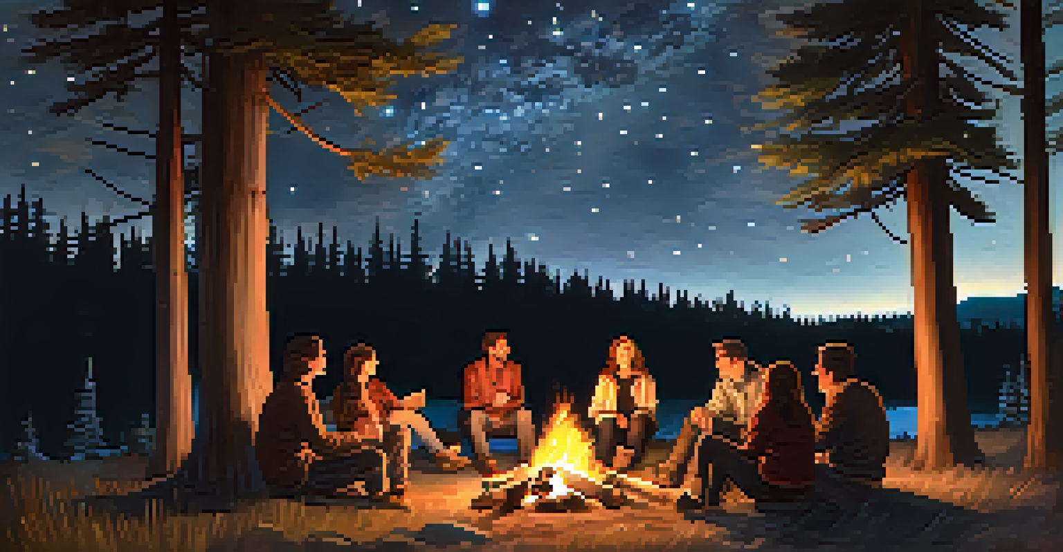 A group of friends sitting around a campfire at night, sharing stories under a starry sky.