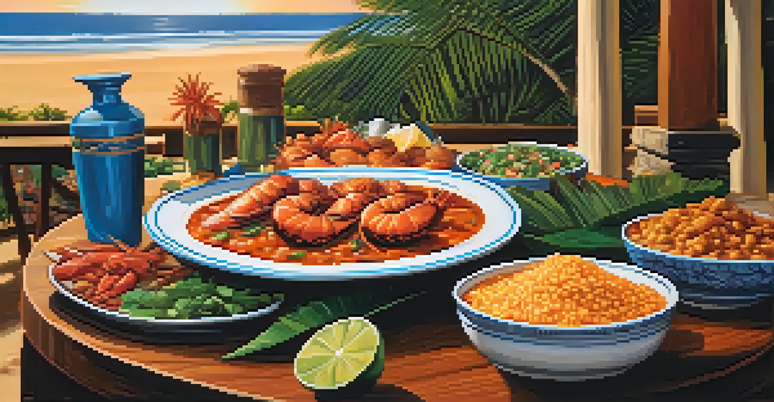 A beachside seafood feast in Goa with dishes like vindaloo and xacuti on a rustic table surrounded by tropical flowers during sunset.