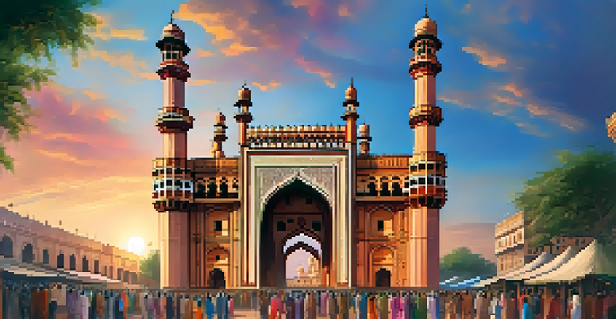 A beautifully illuminated Charminar at sunset surrounded by vibrant bazaars and people in traditional clothing.