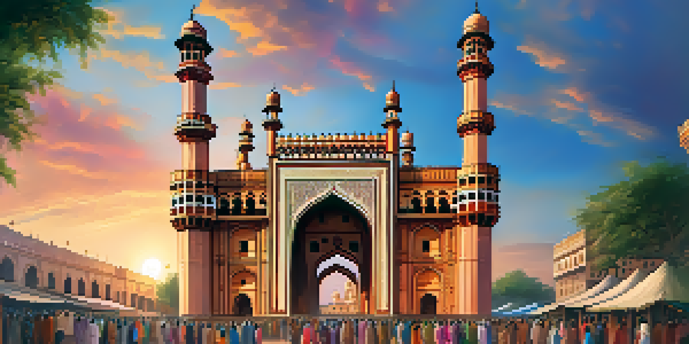A beautifully illuminated Charminar at sunset surrounded by vibrant bazaars and people in traditional clothing.
