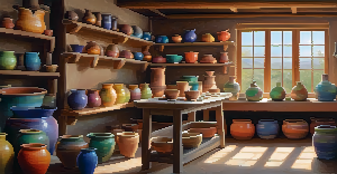 A bright pottery workshop with a potter's wheel and colorful glazes, surrounded by finished pottery pieces.