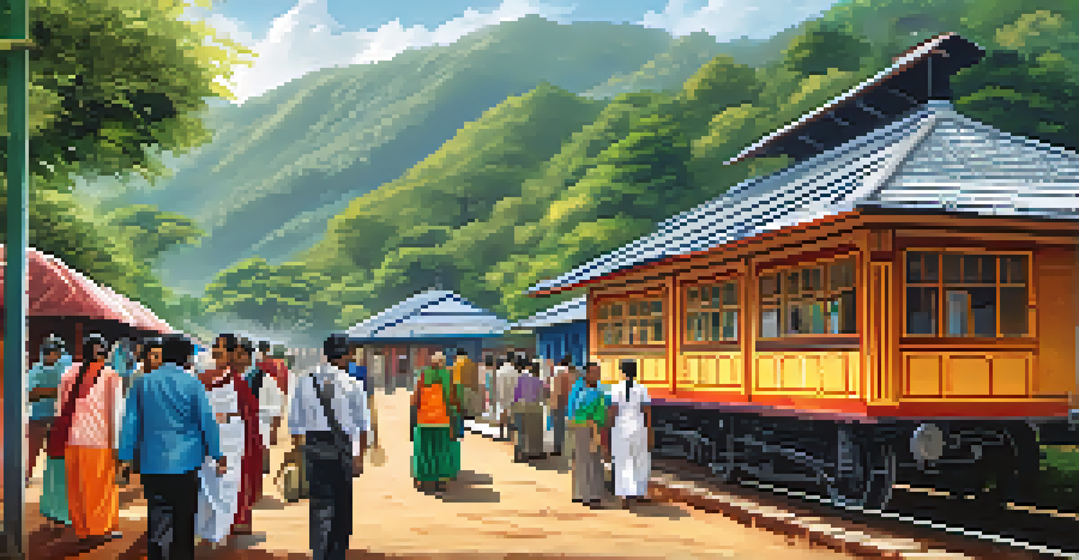 A heritage railway station with colonial architecture and colorful market stalls, where travelers explore local delicacies and handcrafted goods.