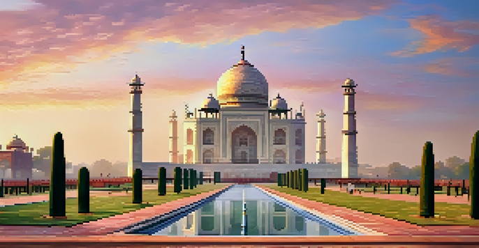 Sunrise view of the Taj Mahal surrounded by gardens, with soft pink and orange light reflecting off the marble.
