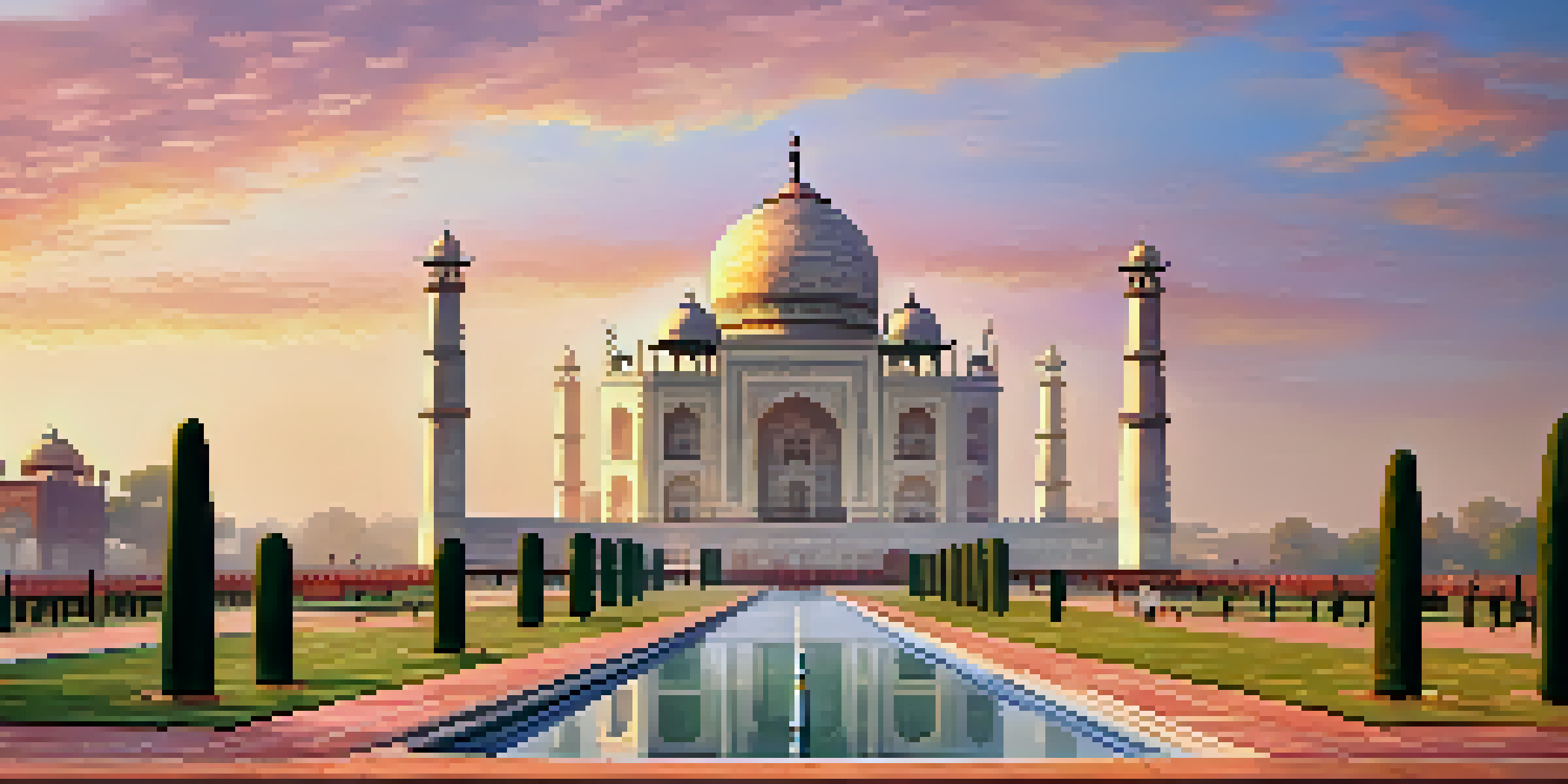 Sunrise view of the Taj Mahal surrounded by gardens, with soft pink and orange light reflecting off the marble.