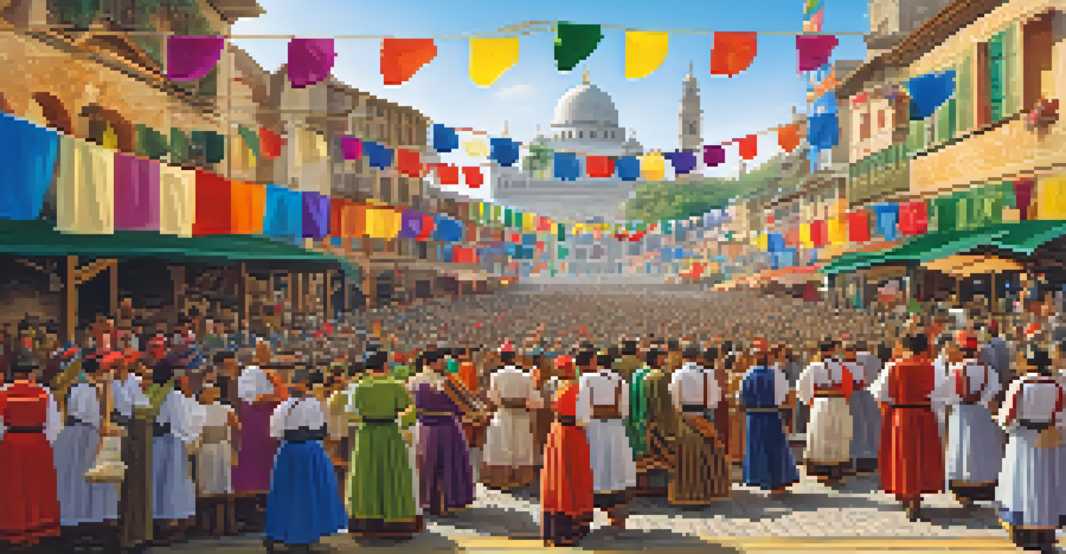 A lively local festival with traditional dancers and pilgrims celebrating together in a vibrant outdoor scene.