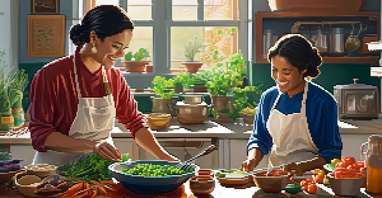 A cheerful kitchen where a host teaches a guest to cook a traditional dish, surrounded by fresh ingredients and sunlight.