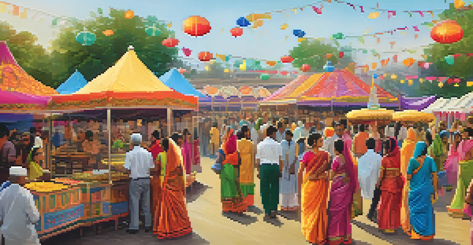 A community fair during Diwali with stalls selling sweets and decorations, and people enjoying various activities together.