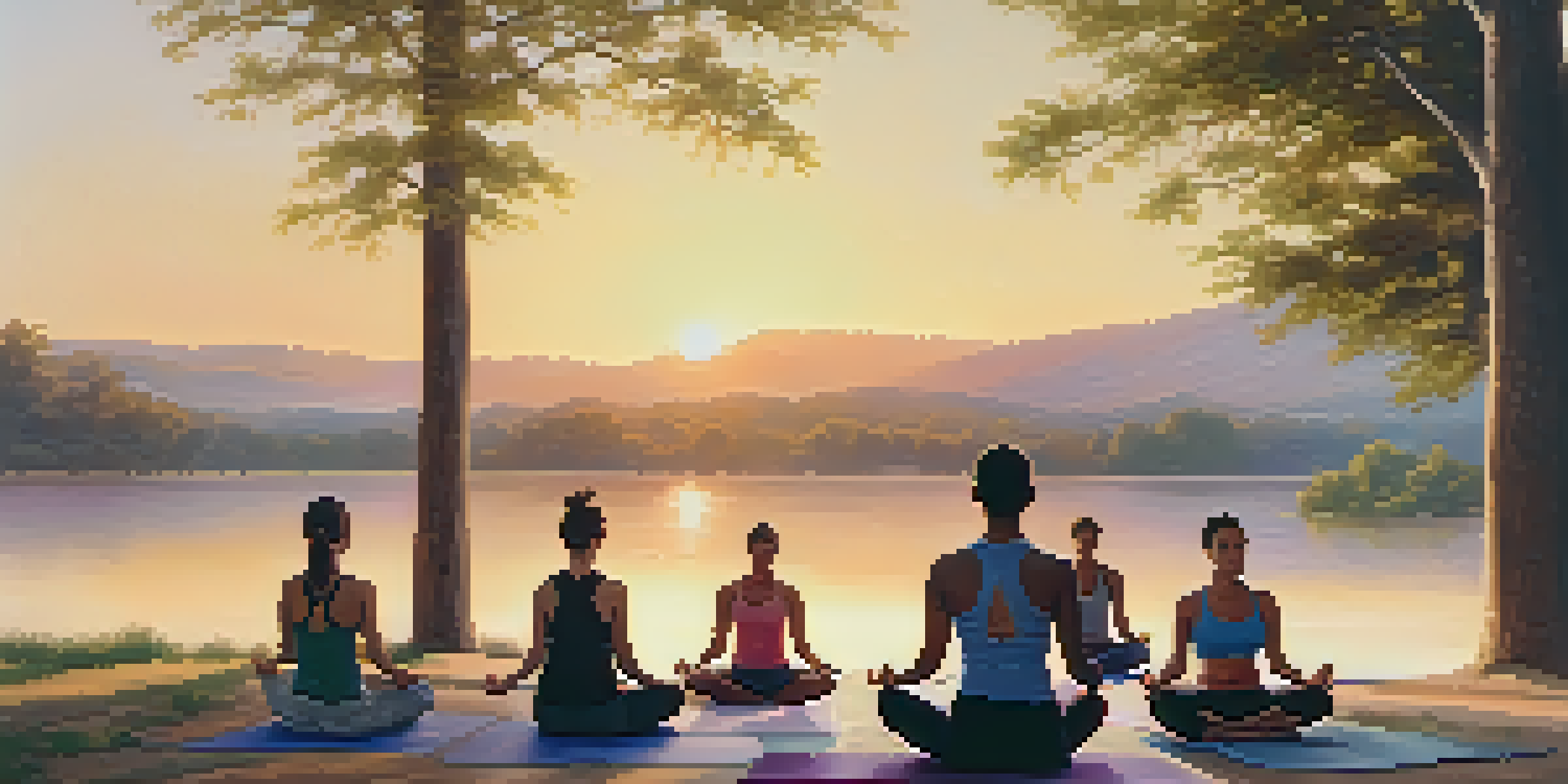 A diverse group of individuals practicing yoga by a peaceful lake during sunset, surrounded by greenery.