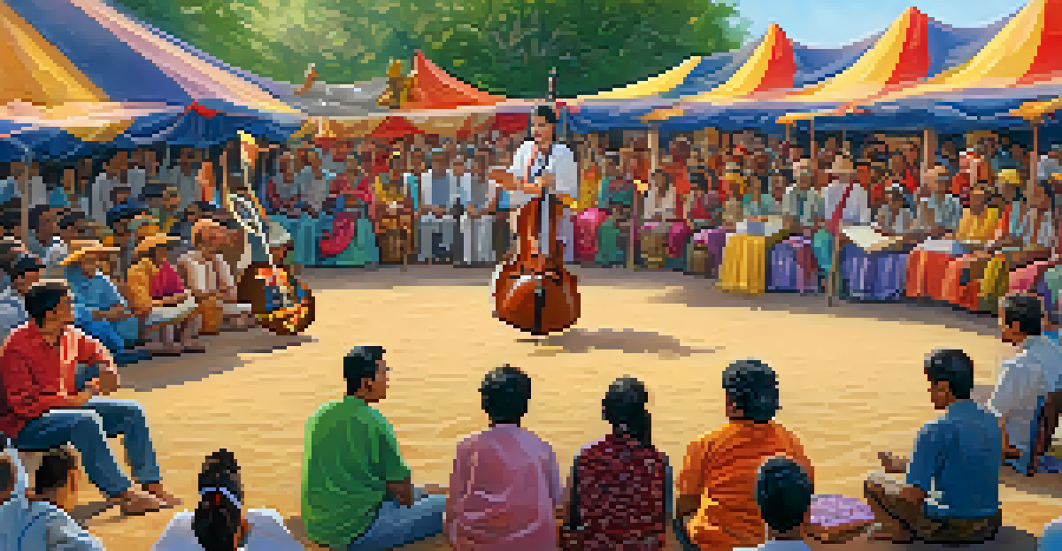 A lively cultural storytelling festival with a storyteller on stage, local artists displaying crafts, and musicians playing traditional instruments, surrounded by an engaged crowd.