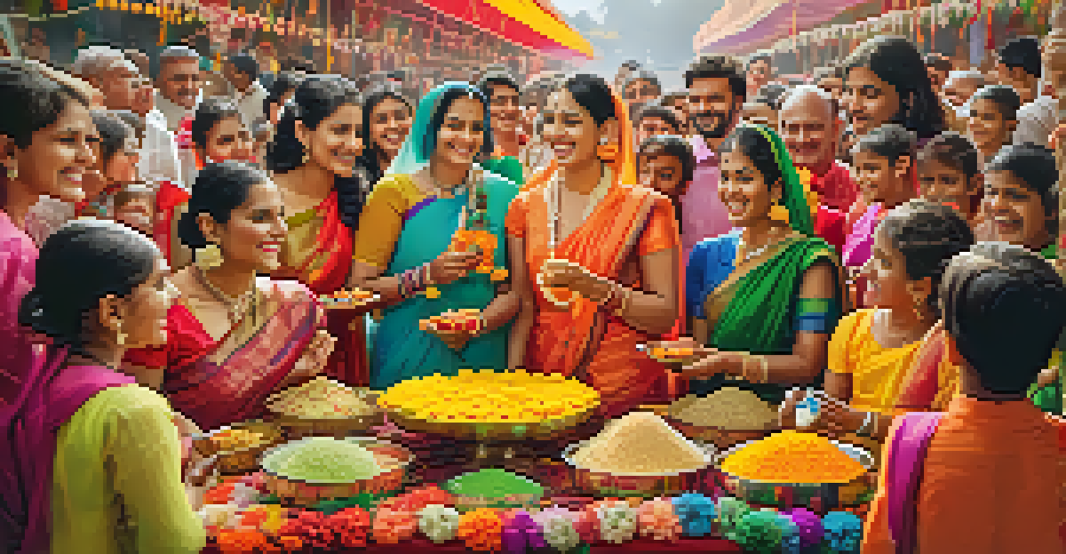 A festive gathering showcasing traditional Indian sweets and joyful celebrations among people in traditional attire.