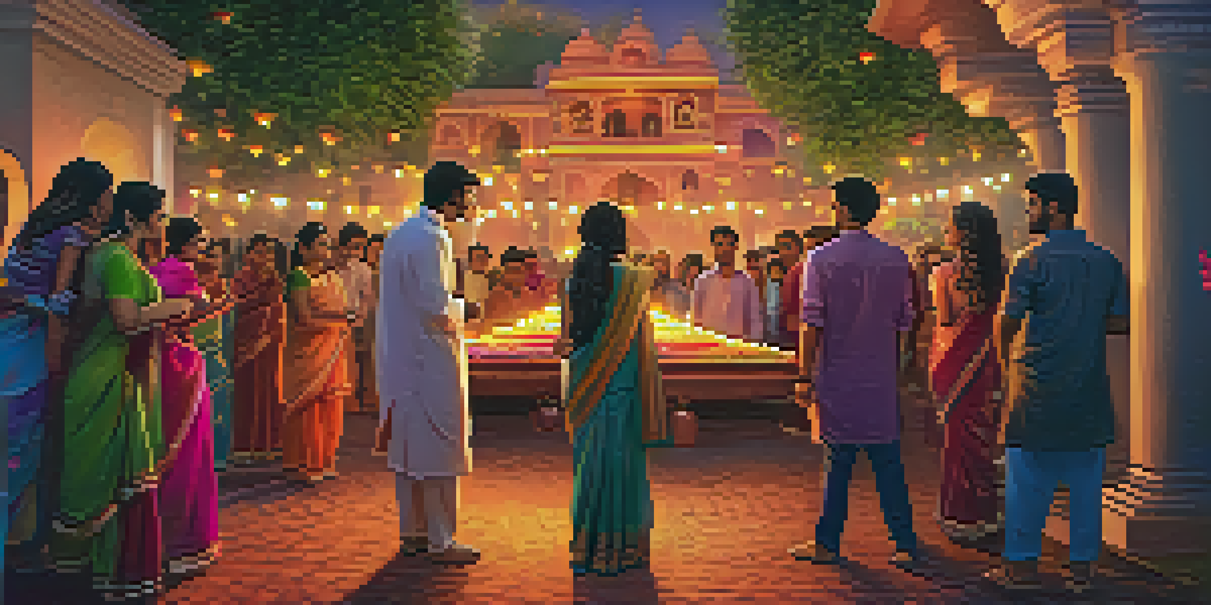 A colorful Diwali celebration with illuminated diyas, rangoli designs, and families in traditional clothing.