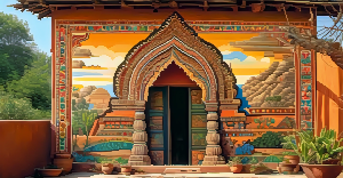 A colorful mural showcasing traditional Indian art, with intricate designs and patterns against a rustic village house bathed in warm sunlight.