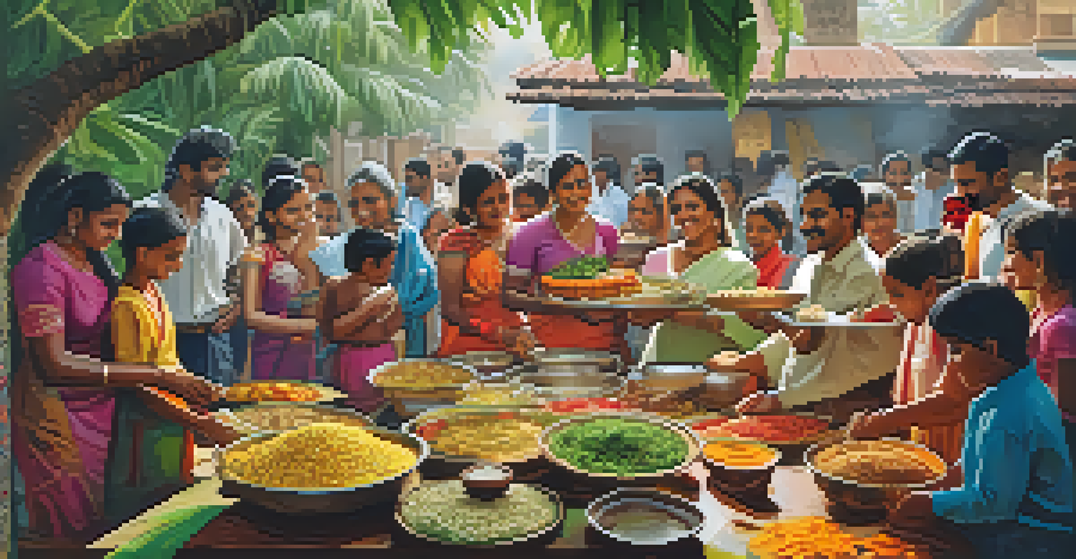 An Indian kitchen filled with people preparing traditional festival dishes on banana leaves.