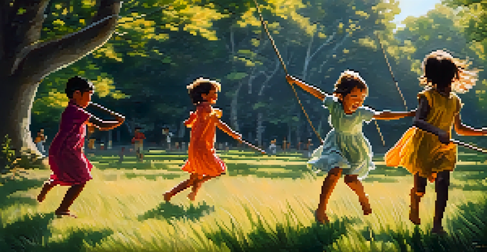 Children playing Gilli-Danda in a sunny grassy field, with one child striking the gilli into the air and others watching excitedly.