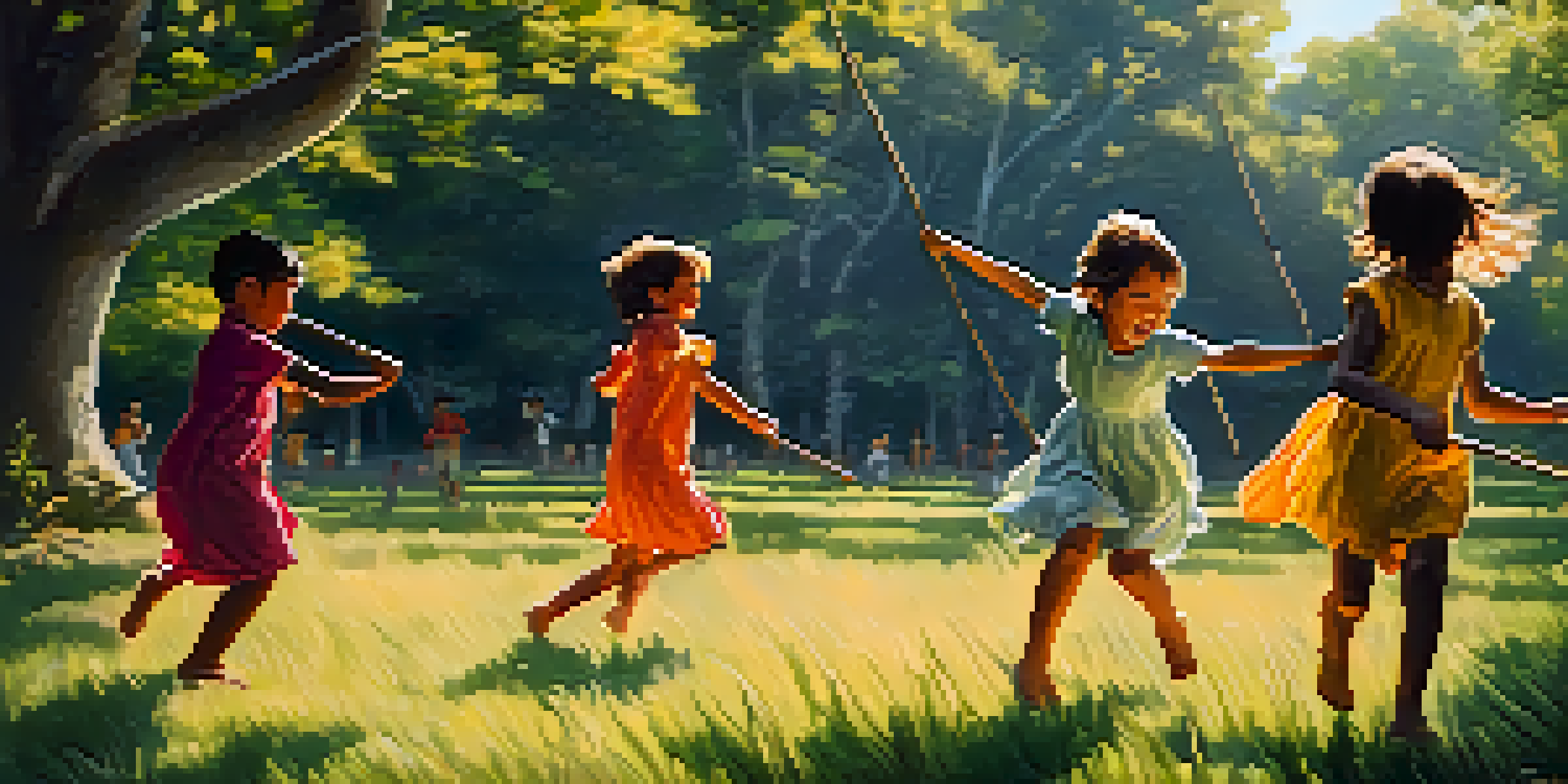 Children playing Gilli-Danda in a sunny grassy field, with one child striking the gilli into the air and others watching excitedly.