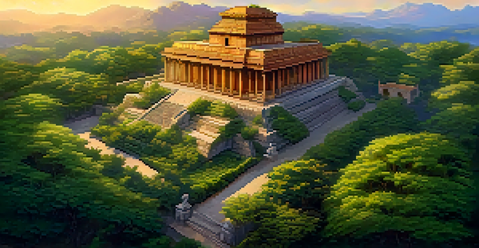 Aerial view of an ancient heritage site with intricate architecture and lush greenery, illuminated by a golden sunset.