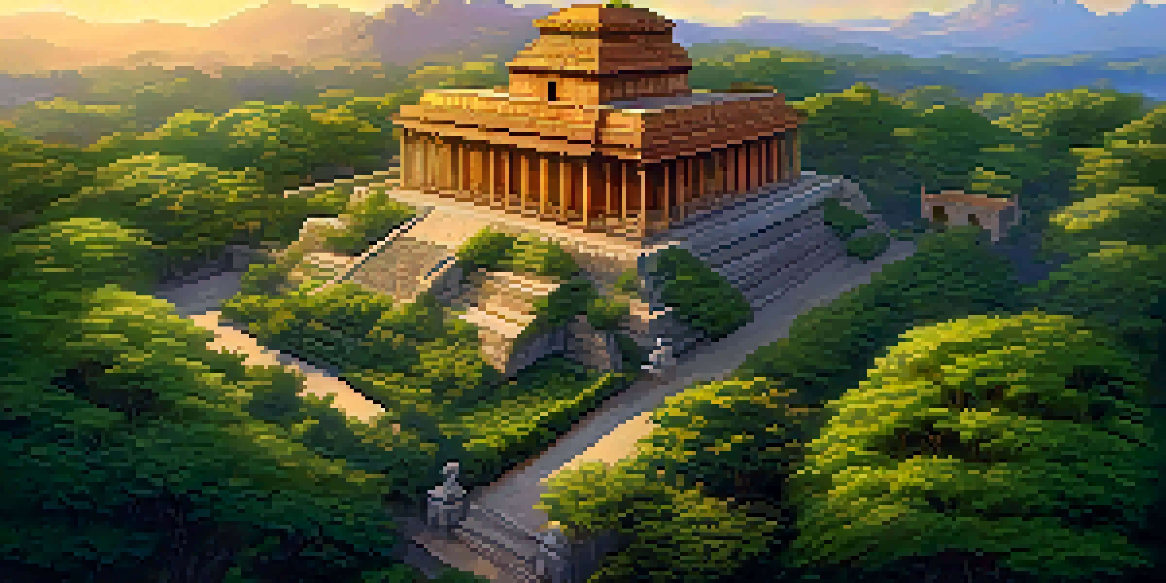 Aerial view of an ancient heritage site with intricate architecture and lush greenery, illuminated by a golden sunset.