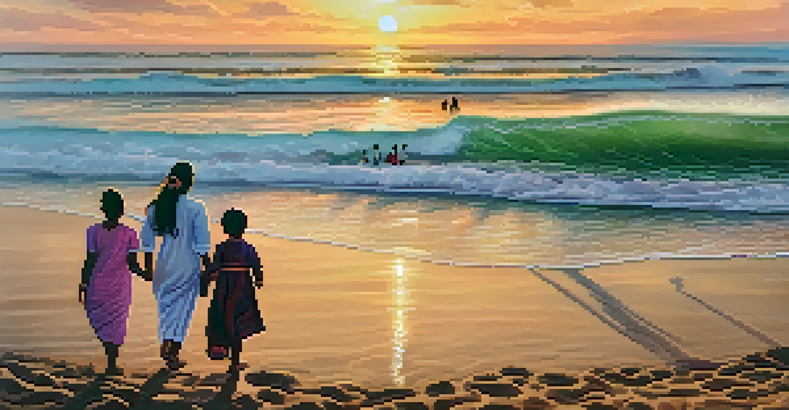 Families relaxing at Kovalam Beach during sunset with gentle waves and pastel skies.
