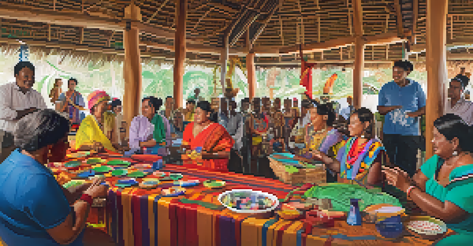 Guests engaging in a local cultural workshop at a green hotel, surrounded by artisans and colorful decorations.