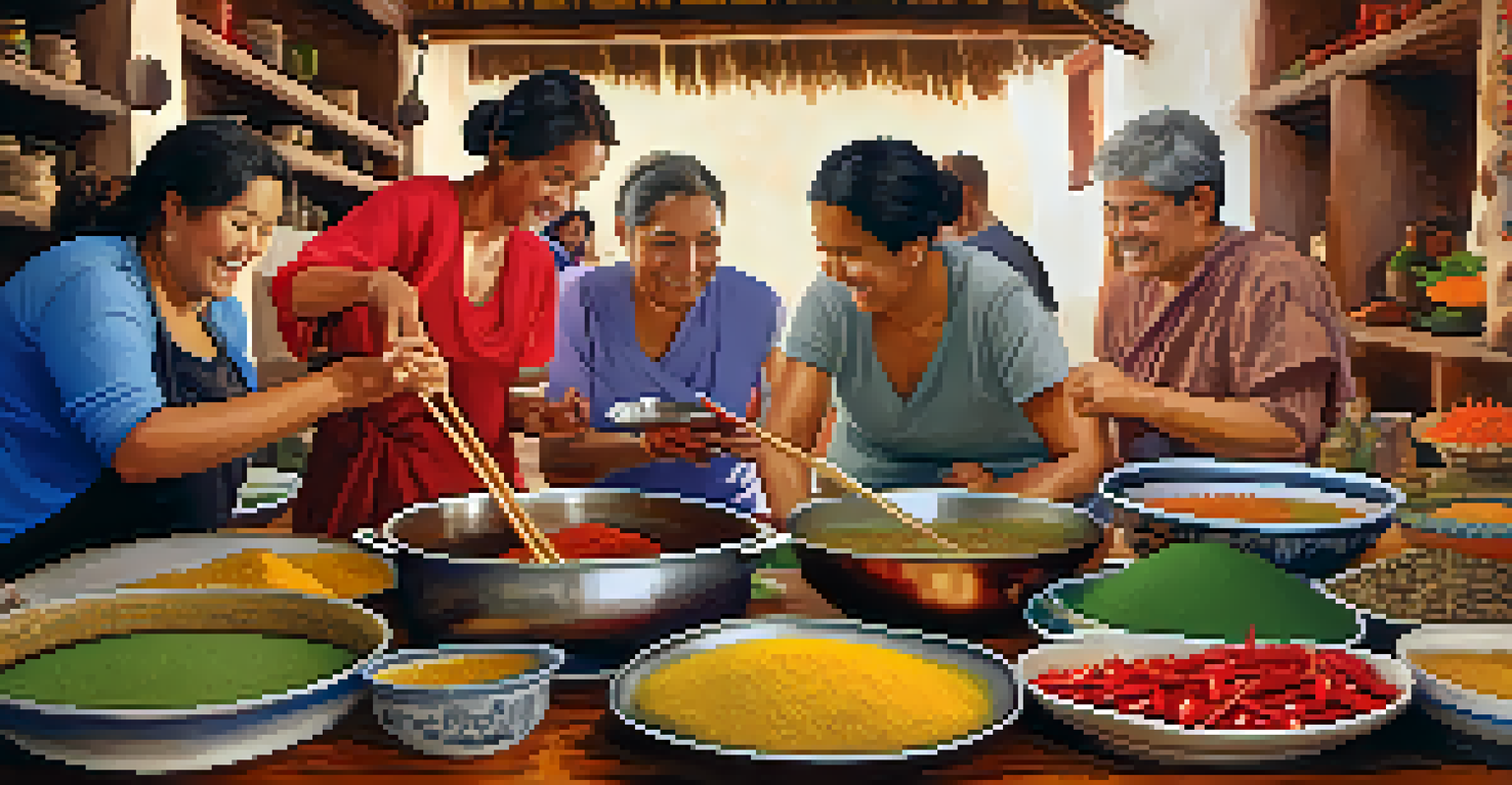 Tourists learning to cook local dishes in a vibrant kitchen, surrounded by fresh ingredients and traditional cooking tools.