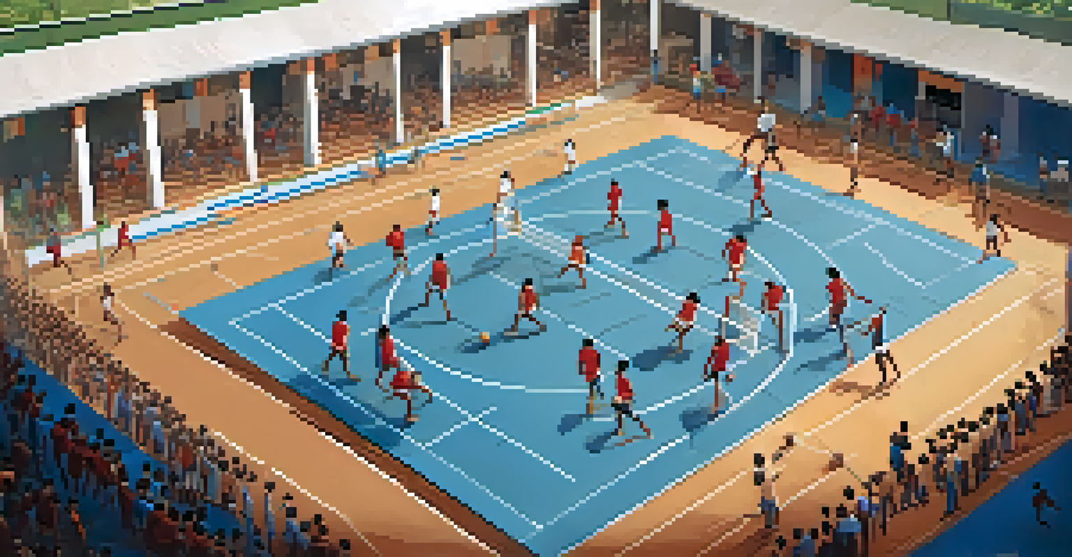 An aerial view of young athletes training in Kabaddi, practicing footwork and tackling techniques under the guidance of coaches in a community center.
