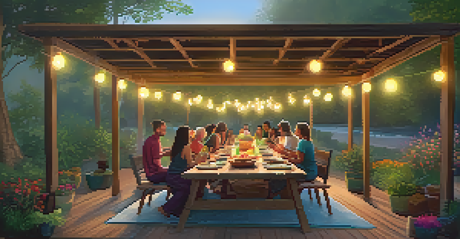 A rustic outdoor dining setup at a yoga retreat with a long wooden table filled with colorful, healthy Ayurvedic dishes.
