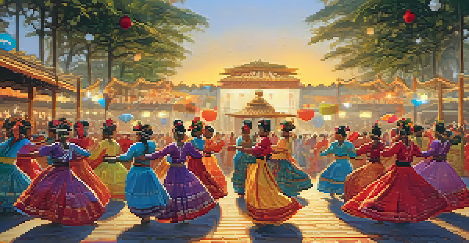 Traditional dancers in colorful costumes performing at a cultural festival, with an engaged audience and festive background decorations.