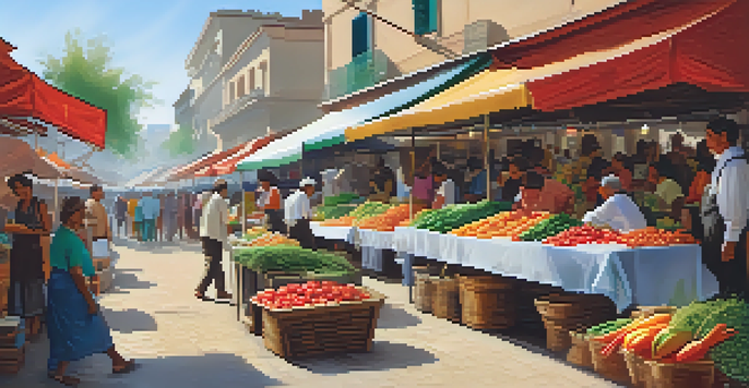 A busy local market with colorful stalls displaying fresh fruits and vegetables, artisan crafts, and people engaging with vendors under bright canopies.