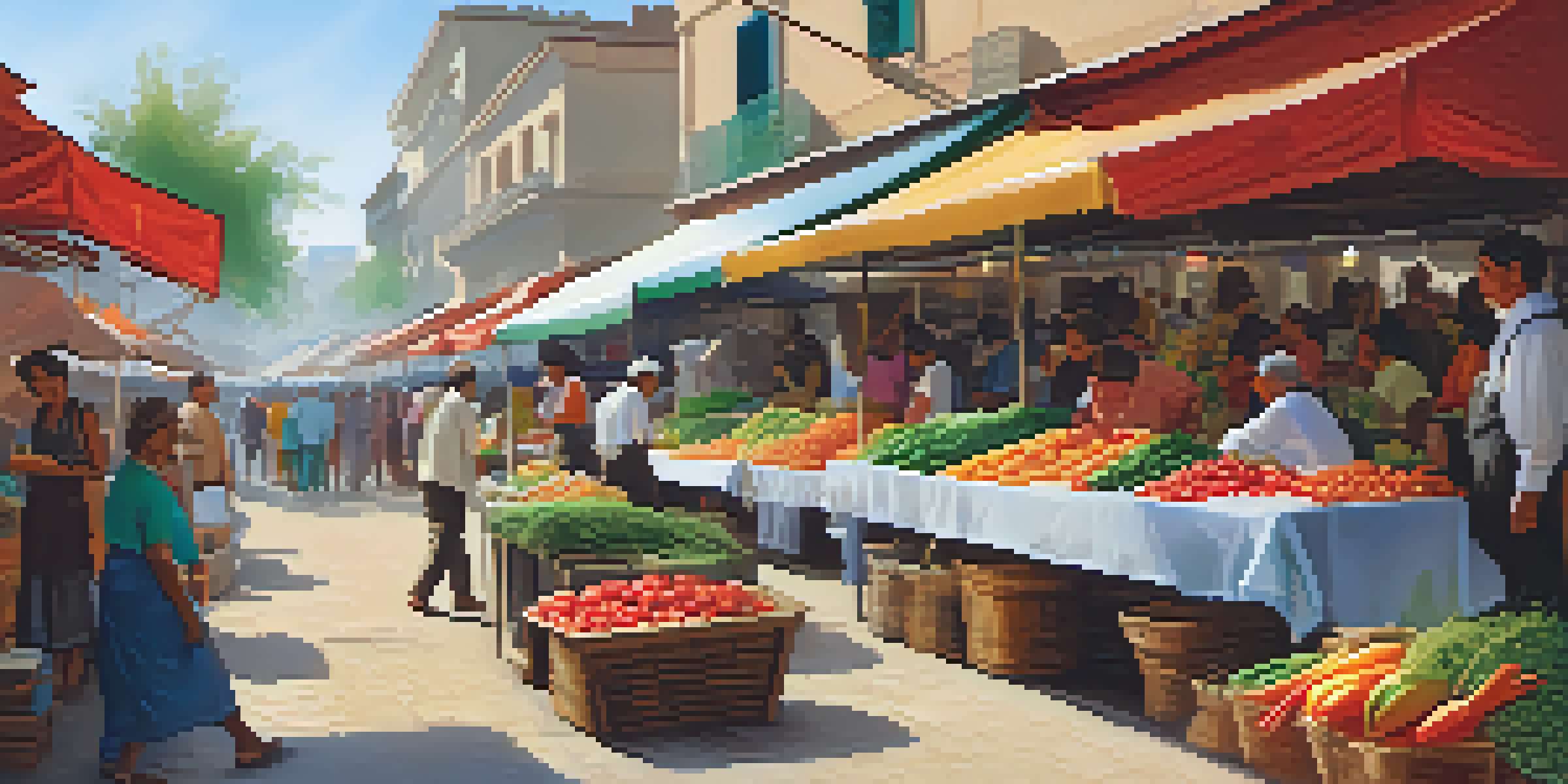A busy local market with colorful stalls displaying fresh fruits and vegetables, artisan crafts, and people engaging with vendors under bright canopies.