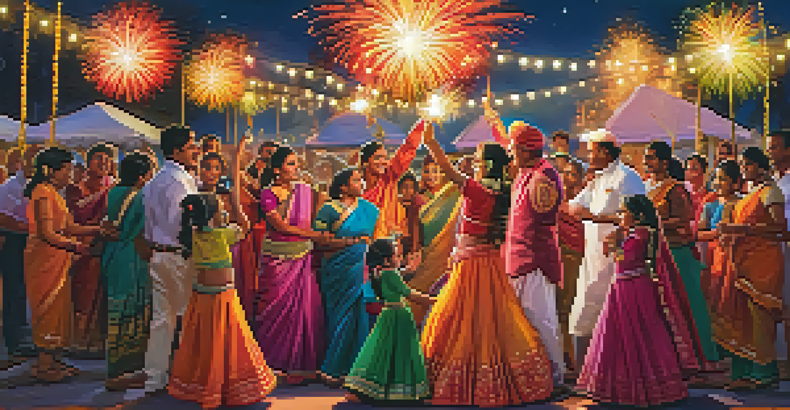 A family celebrating a local festival in India with colorful decorations and fireworks.