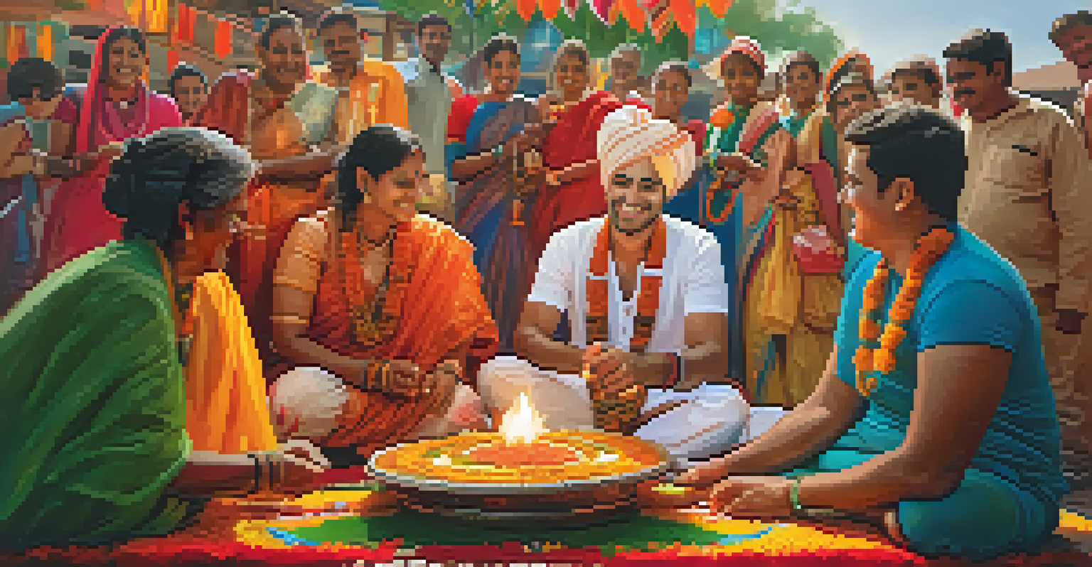 A volunteer enjoys a local Indian festival, sharing a meal with a family, surrounded by colorful decorations and traditional attire, highlighting cultural exchange.