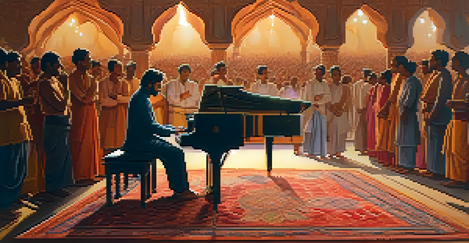 An artist performing at a classical music festival in India, illuminated by warm lighting, with an engaged audience.