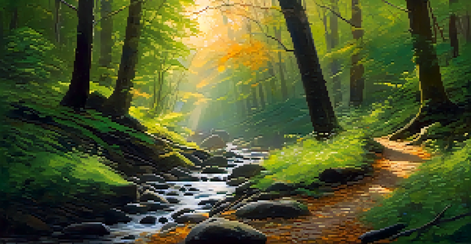 A tranquil forest scene with sunlight filtering through the leaves, a winding path, and a small stream.