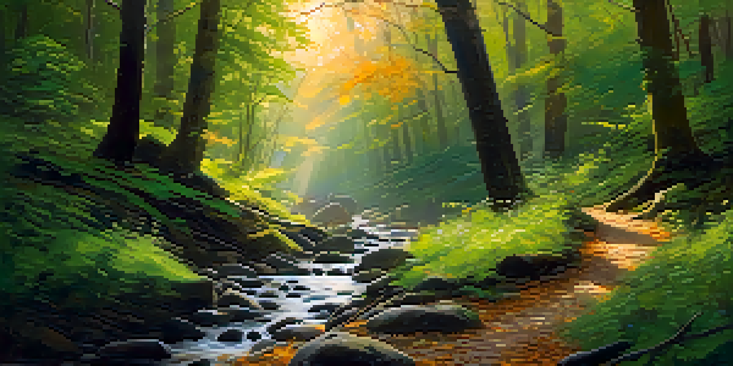 A tranquil forest scene with sunlight filtering through the leaves, a winding path, and a small stream.