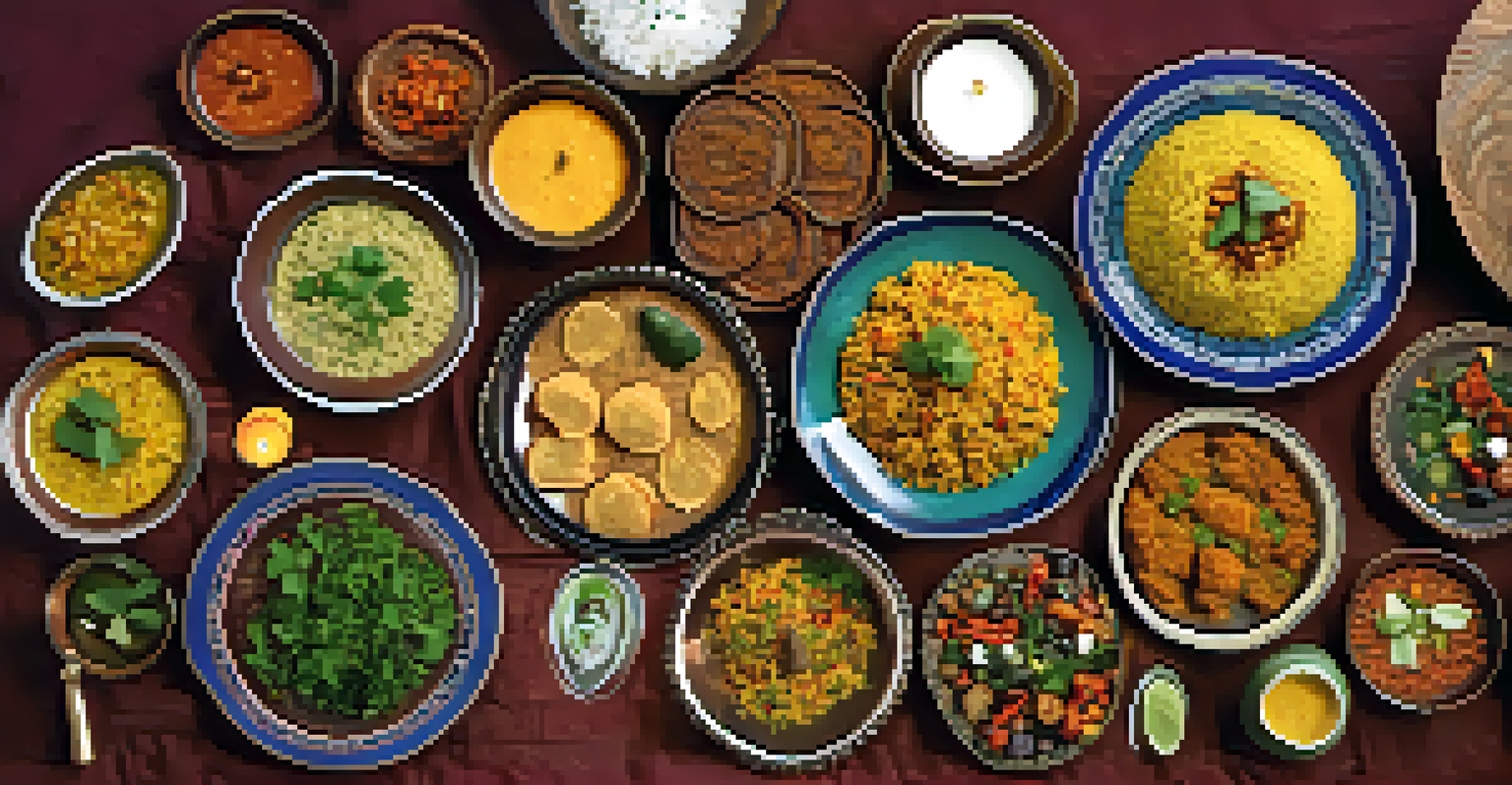A table set with various traditional Navratri dishes, featuring colorful plates and bowls, creating a warm and inviting dining atmosphere.
