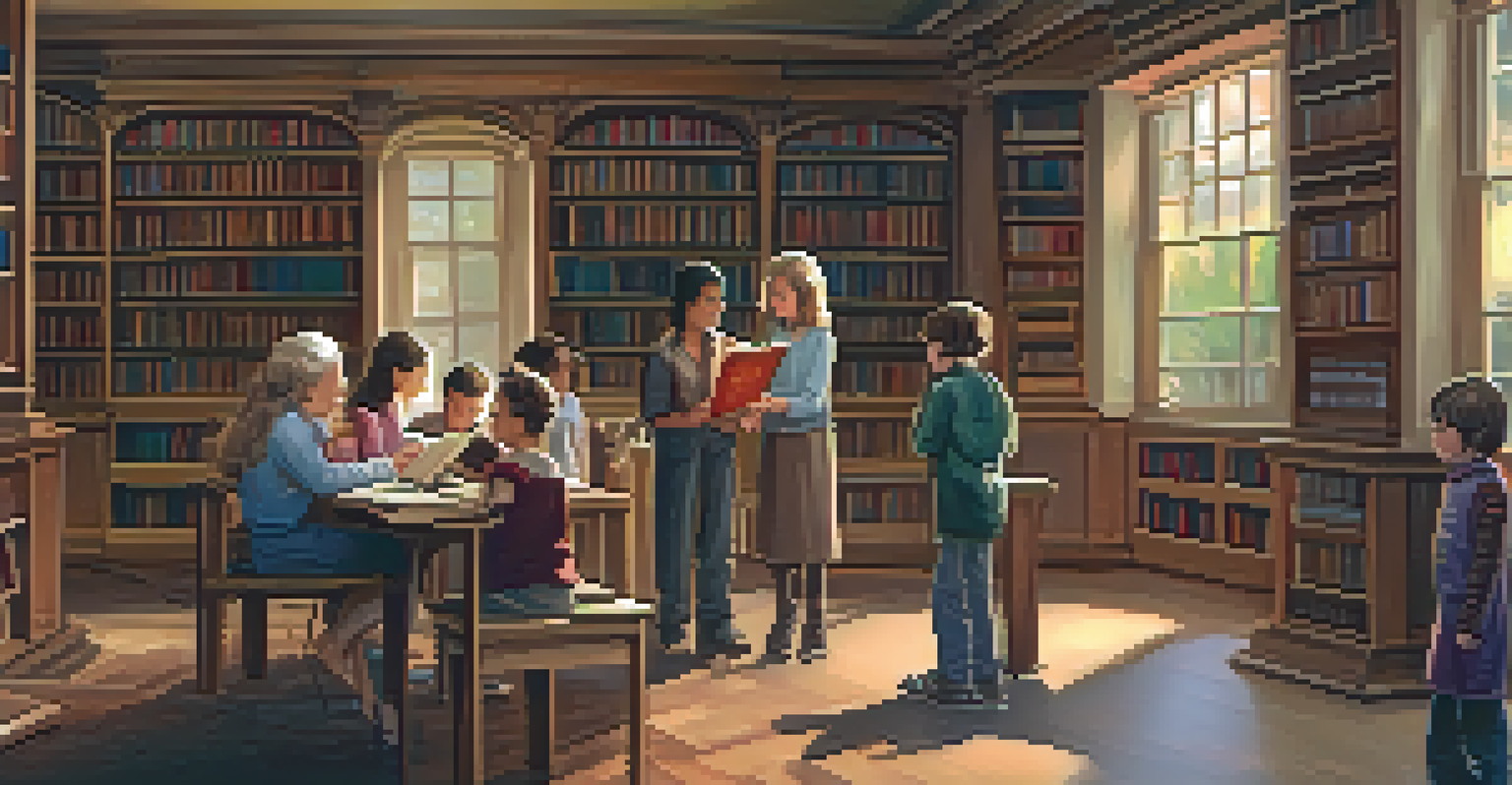 A library interior where children are listening to a librarian tell stories about local history, surrounded by shelves of books.