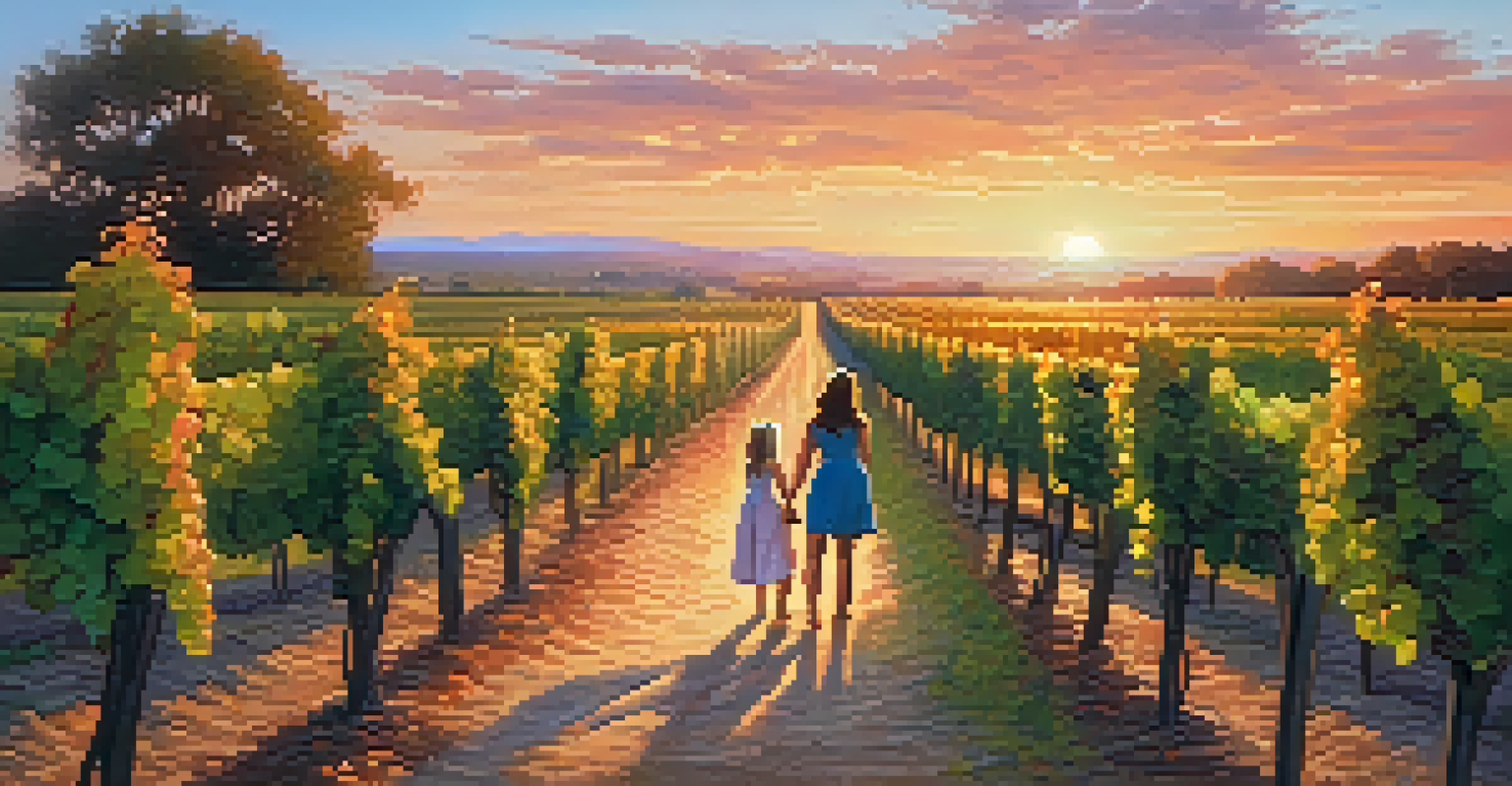 A couple walking through a vineyard at sunset, with rows of grapevines and a colorful sky in the background.